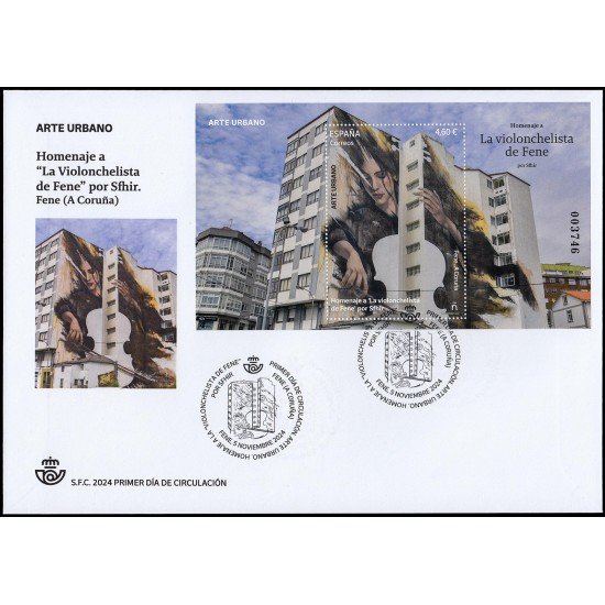 España Spain 5800 2024 Arte urbano Homenaje a la violonchelista de Fene por Sfhir SPD Sobre Primer Día España Spain 5800 2024 Arte urbano Homenaje a la violonchelista de Fene por Sfhir SPD Sobre Primer Día