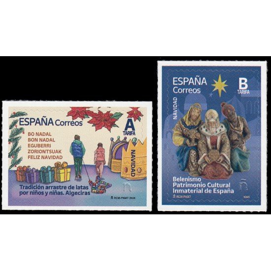 España Spain 5789/90 2024 Navidad Tradición arrastre de latas por niños y niñas Algeciras Belenismo Patrimonio cultural inmaterial de España Autoadhesivos Tarifa A, B España Spain 5789/90 2024 Navidad Tradición arrastre de latas por niños y niñas Algeciras Belenismo Patrimonio cultural inmaterial de España Autoadhesivos Tarifa A, B