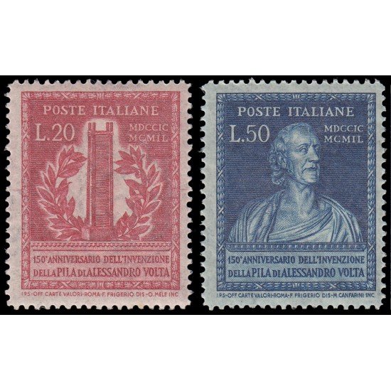 Italia Italy 549/50 1949 150 aniv. de la invención de la pila eléctrica por Volta MNH Italia Italy 549/50 1949 150 aniv. de la invención de la pila eléctrica por Volta MNH