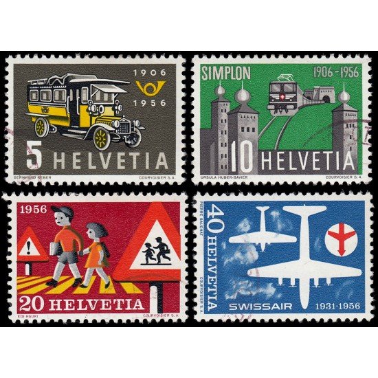 Suiza Switzerland 572 1956 50 aniv. de los coches postales, del tunel de Simplon Seguridad viaria 25 aniv. de la compañía aérea Swissair Usados