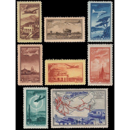 Rusia A 90/97 1949 Avión sobrevolando diferentes lugares MNH Rusia A 90/97 1949 Avión sobrevolando diferentes lugares MNH