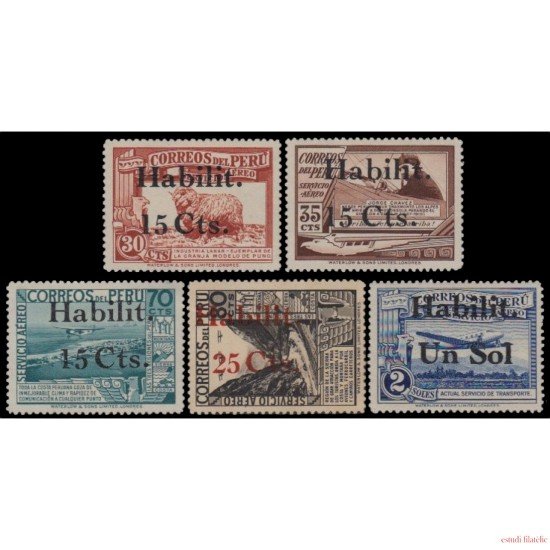 Perú A- 29/33 1937 Sobrecarga Avión Costa MNH Perú A- 29/33 1937 Sobrecarga Avión Costa MNH