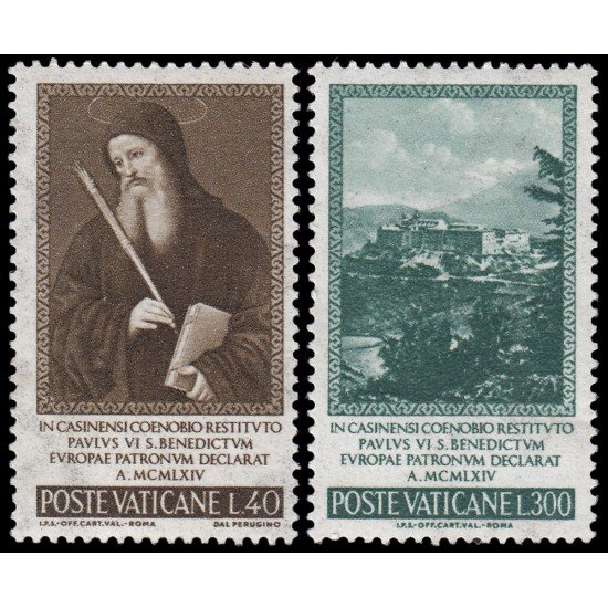 REL/S Vaticano 432/33 1965 Proclamación de St.Benedito patrón de Europa Retrato Abadía MNH REL/S Vaticano 432/33 1965 Proclamación de St.Benedito patrón de Europa Retrato Abadía MNH