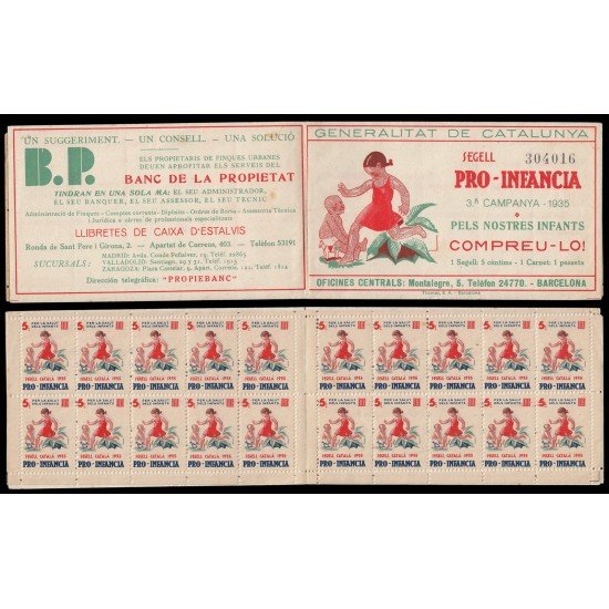 Catalunya Catalonia 1935 Pro-Infancia Carnet con 20 sellos de 5 céntimos