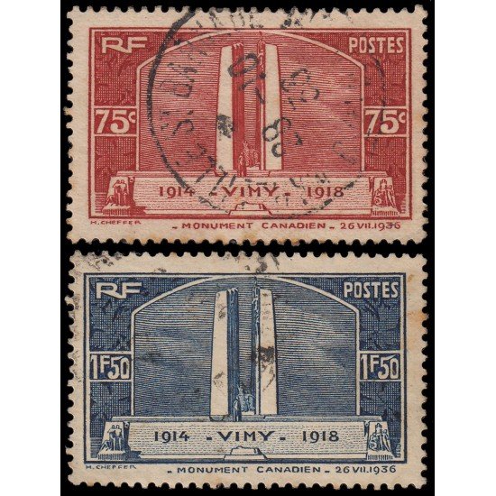 France Francia 316/17 1936 Inauguración monumento a los caídos Canadienses Vimy Usados France Francia 316/17 1936 Inauguración monumento a los caídos Canadienses Vimy Usados