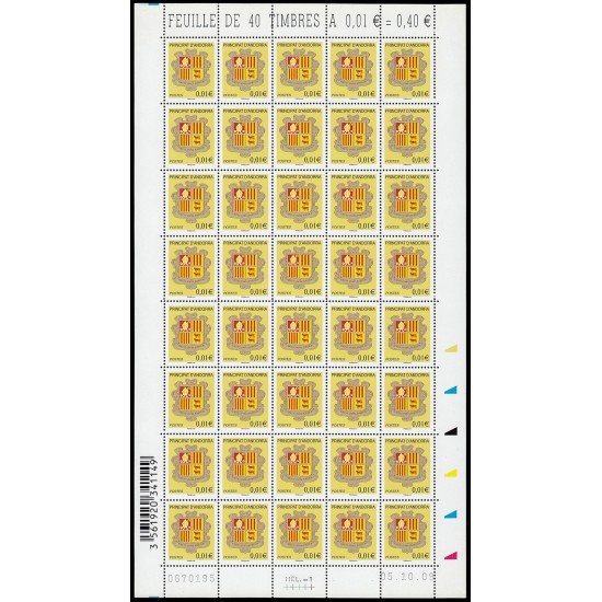 Andorra Francesa 555 2002 Escudo de Andorra Hoja completa con 40 sellos MNH Andorra Francesa 555 2002 Escudo de Andorra Hoja completa con 40 sellos MNH