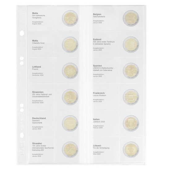 Lindner MU2E36 Hoja impresa Multi Collect para monedas conmemorativas de 2 € Malta 2024 - Lituania 2025 Lindner MU2E36 Hoja impresa Multi Collect para monedas conmemorativas de 2 € Malta 2024 - Lituania 2025