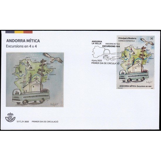 Andorra Española 574 2025 Andorra mítica Excursiones en 4 x 4 SPD Sobre Primer Día Andorra Española 574 2025 Andorra mítica Excursiones en 4 x 4 SPD Sobre Primer Día