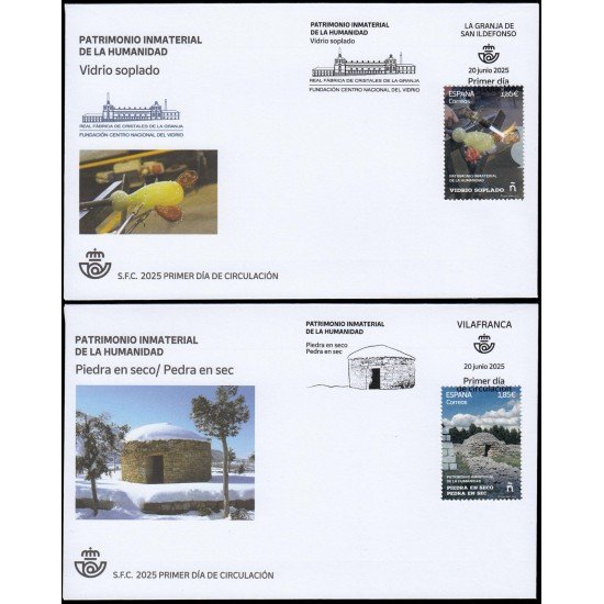 España Spain 5840/41 2025 Patrimonio inmaterial de la humanidad Vidrio soplado y Piedra en seco SPD Sobre Primer Día España Spain 5840/41 2025 Patrimonio inmaterial de la humanidad Vidrio soplado y Piedra en seco SPD Sobre Primer Día