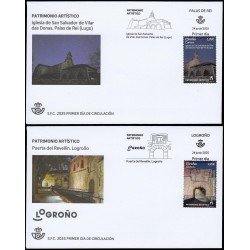 España Spain 5843/44 2025 Patrimonio artístico Iglesia de San Salvador de Vilar das Donas Palas de Rei Lugo y Puerta del Revellín Logroño SPD Sobre Primer Día España Spain 5843/44 2025 Patrimonio artístico Iglesia de San Salvador de Vilar das Donas Palas de Rei Lugo y Puerta del Revellín Logroño SPD Sobre Primer Día