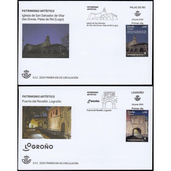 España Spain 5843/44 2025 Patrimonio artístico Iglesia de San Salvador de Vilar das Donas Palas de Rei Lugo y Puerta del Revellín Logroño SPD Sobre Primer Día España Spain 5843/44 2025 Patrimonio artístico Iglesia de San Salvador de Vilar das Donas Palas de Rei Lugo y Puerta del Revellín Logroño SPD Sobre Primer Día