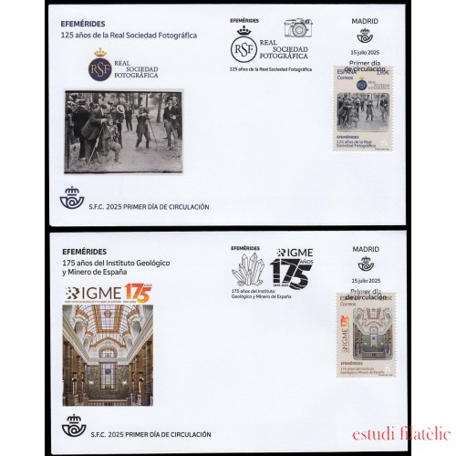 España Spain 5849/50 2025 Efemérides 125 años de la Real Sociedad Fotográfica y 175 años del Instituto Geológico y Minero de España SPD Sobre Primer Día