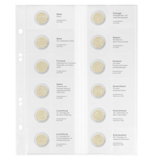 Lindner MU2E37 Hoja impresa Multi Collect para monedas de 2 € conmemorativos: Malta 2025 - Grecia 2025 Lindner MU2E37 Hoja impresa Multi Collect para monedas de 2 € conmemorativos: Malta 2025 - Grecia 2025