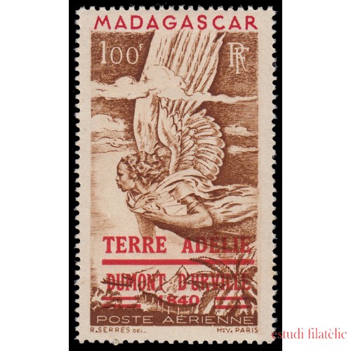 TAAF Aéreo 1 1955 Terre Adélie Dumont Sello de Madagasacar con sobrecarga MNH
