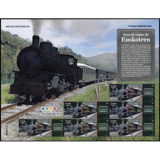 España Pliego Premium 174 2025 Trenes históricos Tren de vapor de Euskotren MNH España Pliego Premium 174 2025 Trenes históricos Tren de vapor de Euskotren MNH