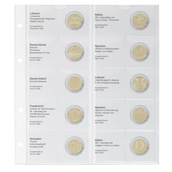 Lindner 1118-45 karat Hoja impresa karat para monedas de 2 € conmemorativos: Lituania 2025 - Italia 2026 Lindner 1118-45 karat Hoja impresa karat para monedas de 2 € conmemorativos: Lituania 2025 - Italia 2026