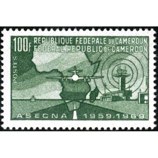 TRA1/S Camerún Cameroon  Nº 480  1970  10º Aniv. de ASECNA Mapa de África, avión Lujo