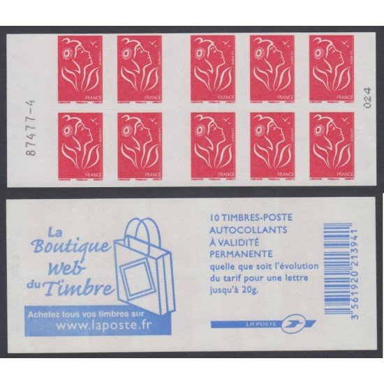 France Francia Carnets 3744b-C1 2006 Serie Marianne de Lamouche Carnet 10 sellos del nº 3744 Bolsa, web del sello en reverso Autoadhesivo Lujo France Francia Carnets 3744b-C1 2006 Serie Marianne de Lamouche Carnet 10 sellos del nº 3744 Bolsa, web del sello en reverso Autoadhesivo Lujo