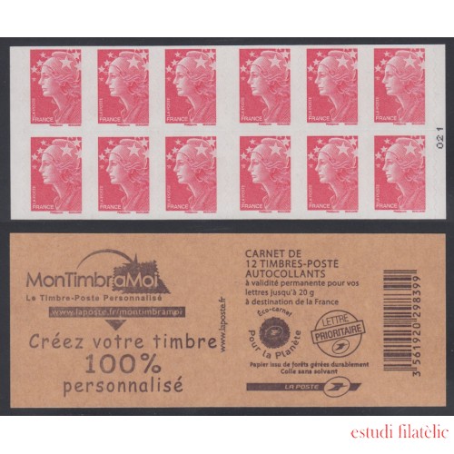 France Francia Carnets 4197-C5  2009 Serie Marianne de Beaujard Carnet 12 sellos del nº 4197 Logo sellos personalizados en reverso Autoadhesivo Lujo