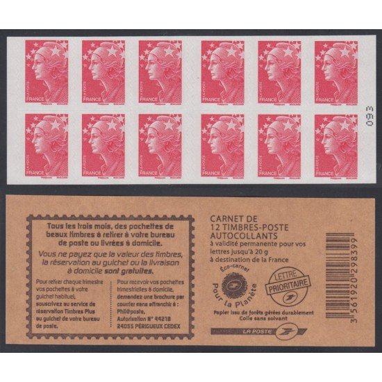 France Francia Carnets 4197-C11 2009 Serie Marianne de Beaujard Carnet 12 sellos del nº 4197 Información postal en reverso Autoadhesivo Lujo France Francia Carnets 4197-C11 2009 Serie Marianne de Beaujard Carnet 12 sellos del nº 4197 Información postal en reverso Autoadhesivo Lujo