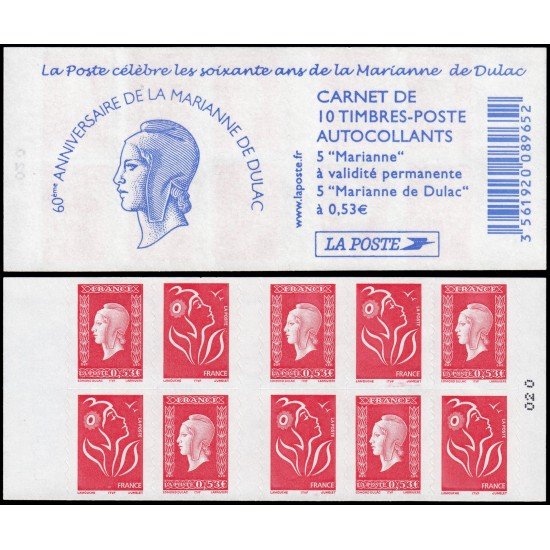 France Francia Carnets 1513-C  10 sellos 5 nº 3744a Marianne de Lamouche + 5 sellos nº3841 Marianne de Dulac Autoadhesivos
