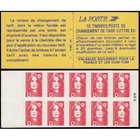 France Francia Carnets 2713-C1 Serie Marianne de Briat Carnet 10 sellos nº 2713 Cambio de tarifa (letra D) en reverso Autoadhesivos France Francia Carnets 2713-C1 Serie Marianne de Briat Carnet 10 sellos nº 2713 Cambio de tarifa (letra D) en reverso Autoadhesivos
