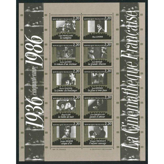 France Francia HB 9 1986 50 aniv. de la cinematografía francesa Escenas de películas 10 val. nº2433/42 Ilustración: cinta de película MNH France Francia HB 9 1986 50 aniv. de la cinematografía francesa Escenas de películas 10 val. nº2433/42 Ilustración: cinta de película MNH