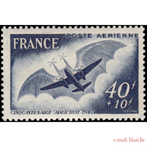 France Francia  A  23 1948 Sorteo Mutua francesa 50 aniv. primer vuelo de avión Ader Alas de murciélago MNH