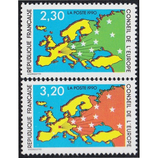 France Francia Servicios 104/05 1990 Consejo de Europa Mapa de Europa y estrellas MNH