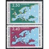 France Francia Servicios 106/07 1991 Consejo de Europa Mapa de Europa y estrellas MNH