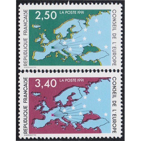 France Francia Servicios 106/07 1991 Consejo de Europa Mapa de Europa y estrellas MNH