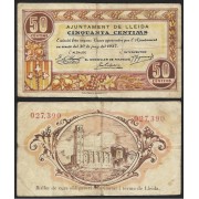 Billete local 1937 Ajuntament de Lleida 50 Cts.