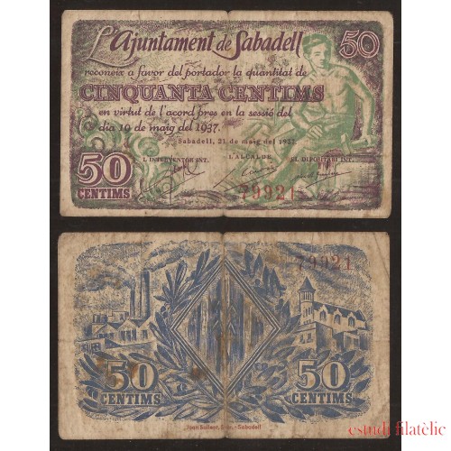 Billetes local 1937 Ajuntament de  Sabadell  50 Cts