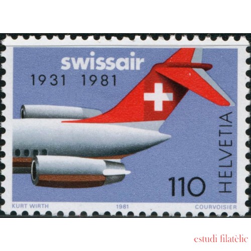 TRA2/S Suiza Switzerland  Nº 1125  1981  50º Aniv. de la compañía aérea Swissair Cola de avión Lujo