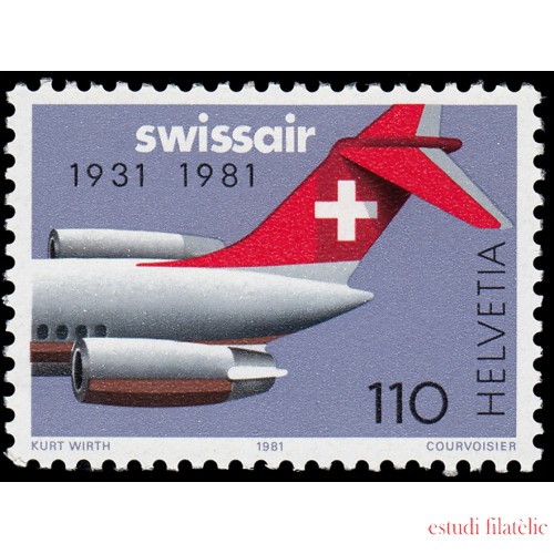 TRA2/S Suiza Switzerland 1125 1981 50 Aniv. de la compañía aérea Swissair Cola de avión MNH