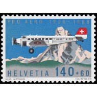 TRA2 Suiza Switzerland A-49  1988  50 aniv. de la fundación Pro-aéreo Sorteo Avión JU 52 y monte Cervin MNH