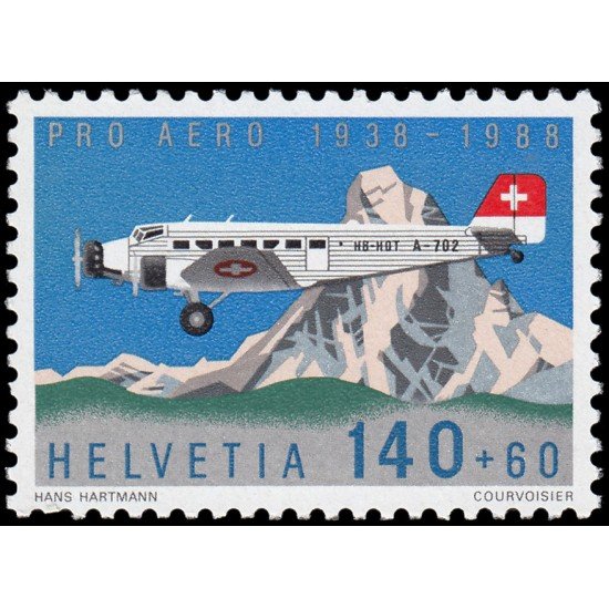 TRA2 Suiza Switzerland A-49  1988  50 aniv. de la fundación Pro-aéreo Sorteo Avión JU 52 y monte Cervin MNH