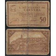 Billete local 1937 Ajuntament de Cervera  50 Cts.  