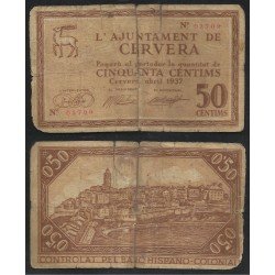Billete local 1937 Ajuntament de Cervera 50 Cts. Billete local 1937 Ajuntament de Cervera 50 Cts.