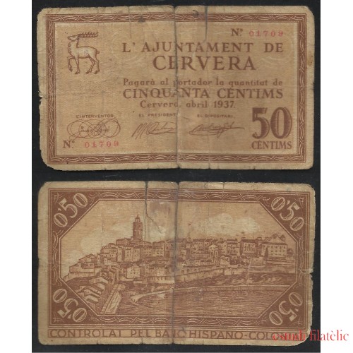 Billete local 1937 Ajuntament de Cervera  50 Cts.  