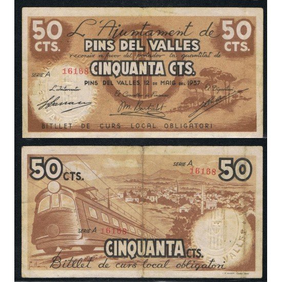 Billetes local 1937 Ajuntament de Pins del Vallés 50 Cts. Billetes local 1937 Ajuntament de Pins del Vallés 50 Cts.