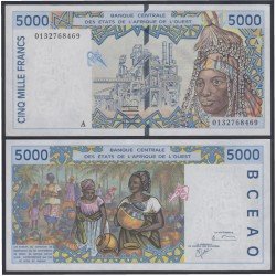 África Estados de oeste Burkina Faso 5000 Francs 1992 billete banknote sin circular África Estados de oeste Burkina Faso 5000 Francs 1992 billete banknote sin circular