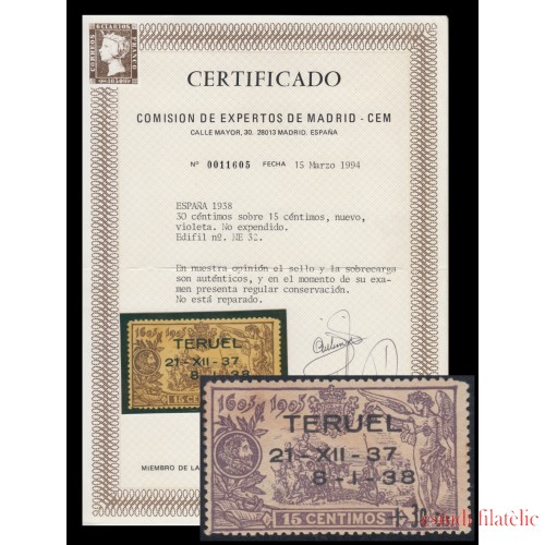 España Spain NE 32 1938 No emitidos No Expendidos Teruel Certificado CEM  MNH 