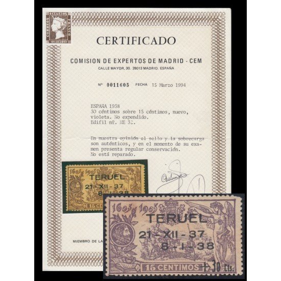 España Spain NE 32 1938 No emitidos No Expendidos Teruel Certificado CEM MNH España Spain NE 32 1938 No emitidos No Expendidos Teruel Certificado CEM MNH