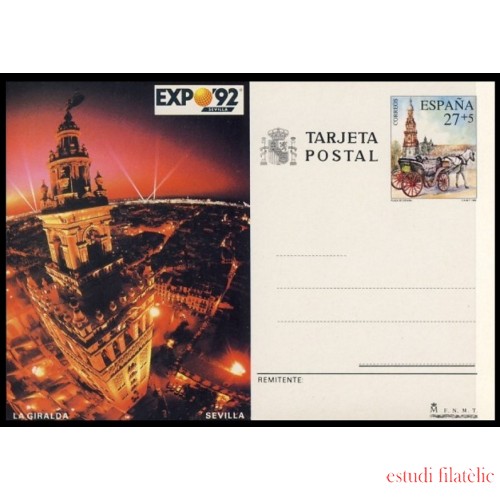España Spain Entero Postal ( tarjeta ) 154 1992 Expo 92 Giralda Coche caballos Horse