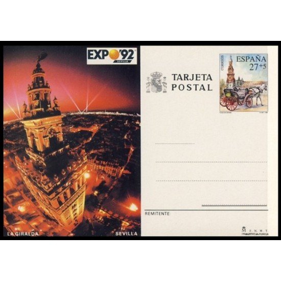 España Spain Entero Postal ( tarjeta ) 154 1992 Expo 92 Giralda Coche caballos Horse