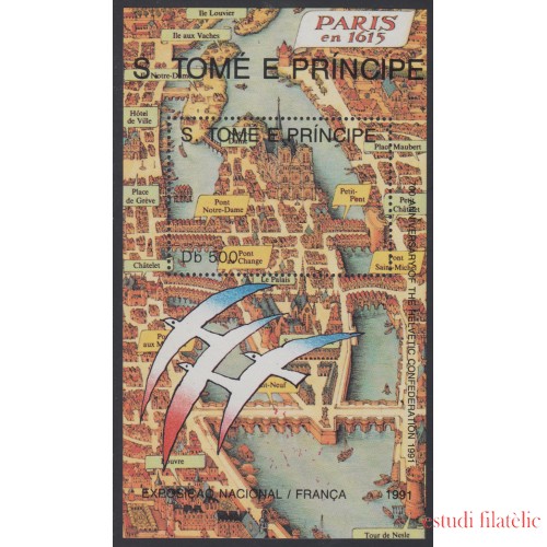 Santo Tomás y Príncipe HB 112 1991 Exposición Ncial. Francia Mapa, ave  Bird M