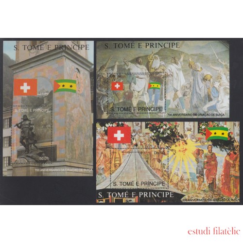Santo Tomás y Príncipe HB 97/99 1991 Aniv. Constitución Suiza MNH 