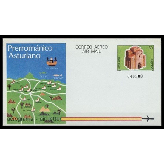 España Aerograma 212 1987 Rutas turísticas Prerrománico asturiano España Aerograma 212 1987 Rutas turísticas Prerrománico asturiano