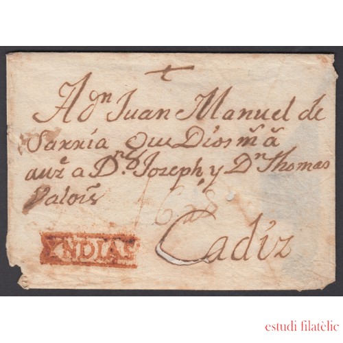 España Carta Prefilatelia a Cádiz Marca YNDIAS Pieza única conocida Certf GRAUS España Carta Prefilatelia a Cádiz Marca YNDIAS Pieza única conocida Certf GRAUS